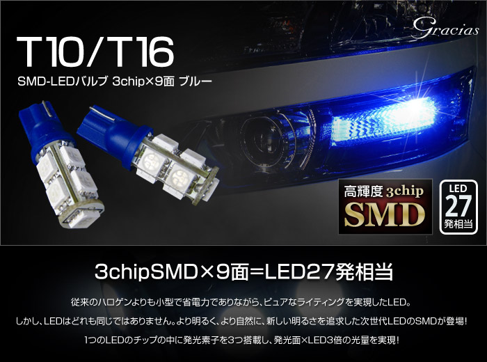 T10/16兼用ウェッジ球　超高輝度・超拡散仕様3chipSMD9連（LED27発相当）ブルー2個セット